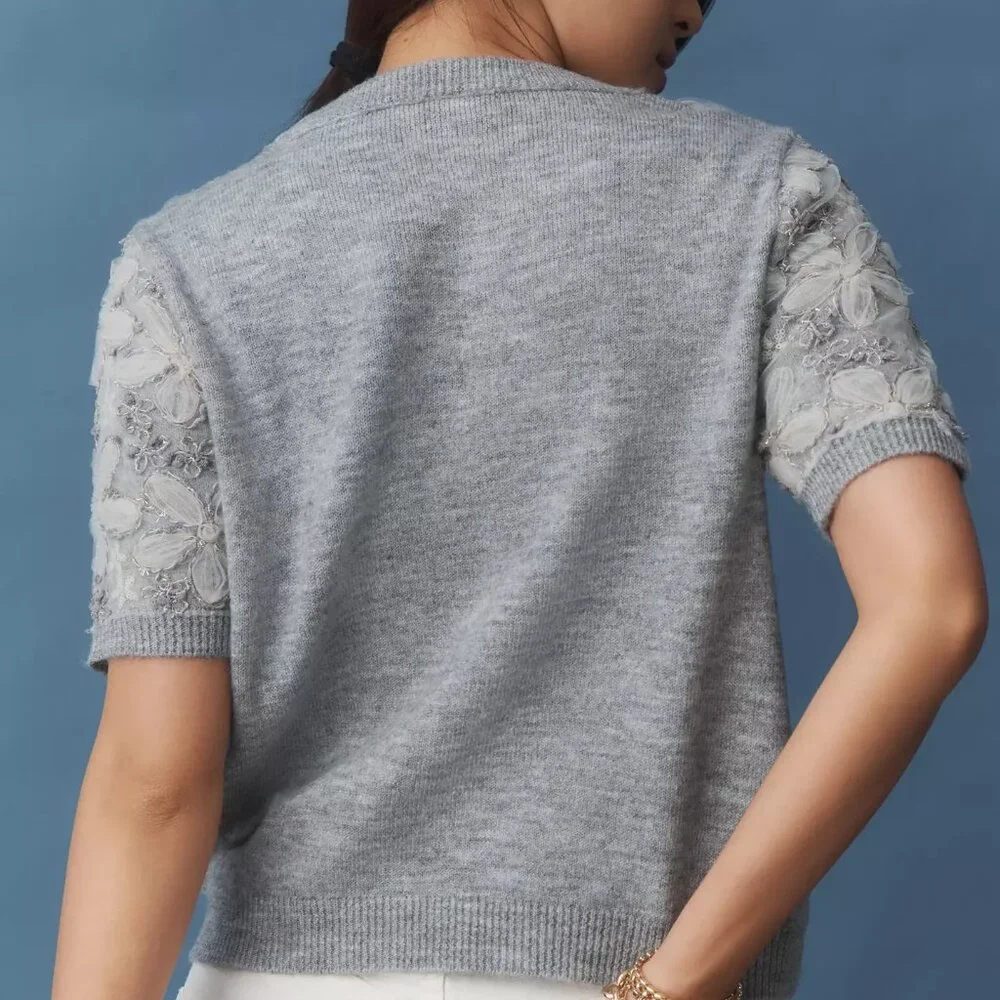 NWT Anthropologie 3D Floral Embellished Sweater Tee - Picture 5 of 5